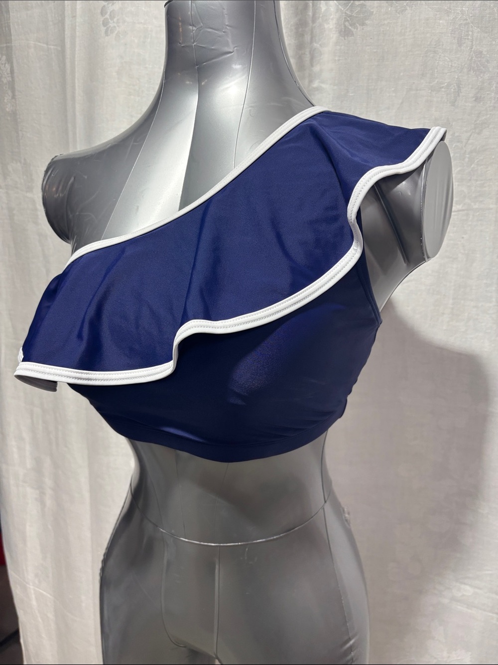 Navy One-Shoulder Ruffle Bikini Top - Picture 2 of 5